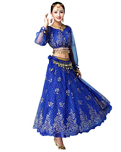 Grouptap Bollywood indische Frauen Langarm Anarkali Lehenga Choli Saree Kleid blau arabische Prinzessin Bauchtanz Rock Outfits Kostüm (Blau, 150-170 cm, 45-70 kg) von Grouptap