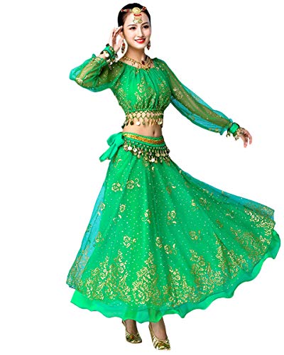 Grouptap Bollywood indische Frauen Langarm Anarkali Lehenga Choli Saree Kleid grün arabische Prinzessin Bauchtanz Rock Outfits Kostüm (Grün, 150-170 cm, 45-70 kg) von Grouptap