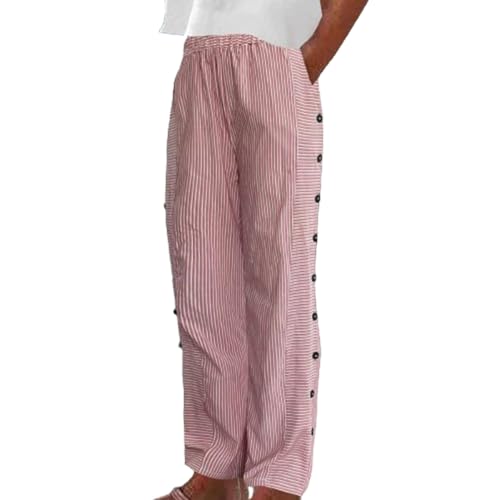 GuyAna Elegante gestreifte Hose mit Seitentaschen, Kurze Damenhose aus Baumwolle und Leinen mit einfarbigen Seitenknöpfen (red,M) von GuyAna