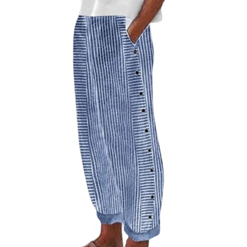 GuyAna Elegante gestreifte Hose mit Seitentaschen, Kurze Damenhose aus Baumwolle und Leinen mit einfarbigen Seitenknöpfen (royal Blue,2XL) von GuyAna