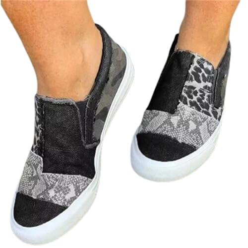 GuyAna Lässige Patchwork-Slipper aus Segeltuch mit rohen Kanten und Animal-Print, Low-Top-Sneakers und Wanderschuhe für Damen (Black,40) von GuyAna