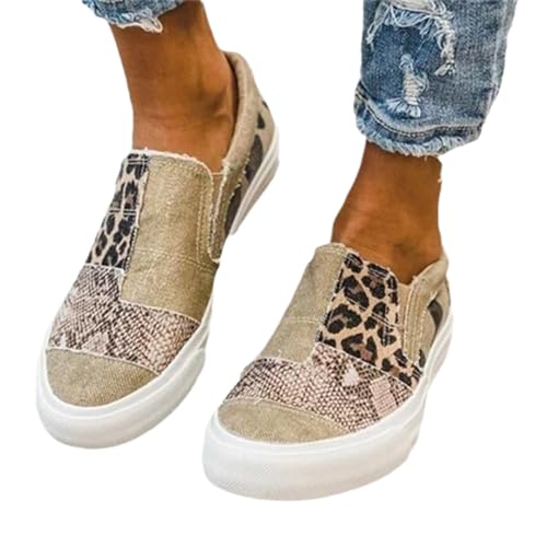 GuyAna Lässige Patchwork-Slipper aus Segeltuch mit rohen Kanten und Animal-Print, Low-Top-Sneakers und Wanderschuhe für Damen (Khaki,38) von GuyAna