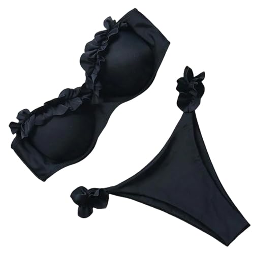 Gyios Badeanzug Damen Bandeau Bikini Badebekleidung Frauen Badeanzug Sexy Tanga Ruffle Bikini Setzen-schwarz-m von Gyios