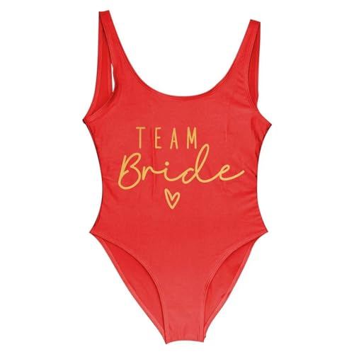 Gyios Bikini Damen Team Braut Einteilige Badeanzug-Kader Frauen Badelorette Party Badeanzug Strandbekleidung Badeanzug-Gold Rot-XL von Gyios