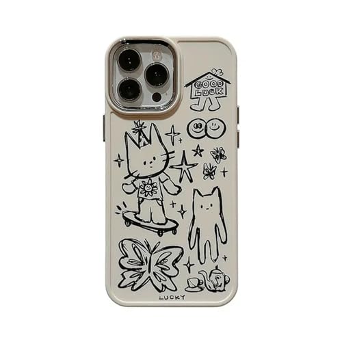 Gyios handyhülle iPhone 11 Sketch Doodle Animal Lucky Cat Butterfly Soft Cover Hülle Für Phone 15 14 13 12 Pro Max Plus Stoßdämpfer Hülle-für Phone14plus (6,7 ") von Gyios