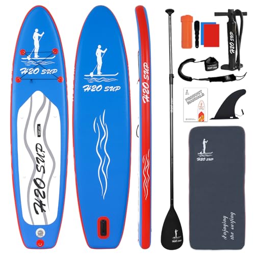 H2OSUP Aufblasbares Stand Up Paddle Board mit Premium SUP Paddle Board Zubehör & Rucksack, Ultraleichtes, breites stabiles Design Surfboard, rutschfestes Deck Paddleboard für Jugendliche & Erwachsene von H2OSUP