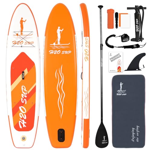 H2OSUP Aufblasbares Stand Up Paddle Board mit Premium SUP Paddle Board Zubehör & Rucksack, Ultraleichtes, breites stabiles Design Surfboard, rutschfestes Deck Paddleboard für Jugendliche & Erwachsene von H2OSUP