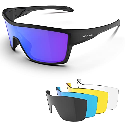HAAYOT Polarisierte Radsportbrille für Männer Frauen Sport-Sonnenbrille mit 5 Gläsern TR90 Rahmen MTB Brille Mountainbike Brille Laufen Angeln Wandern, Matt Schwarz & Blau von HAAYOT