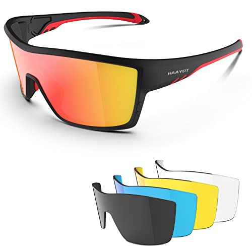 HAAYOT Polarisierte Radsportbrille für Männer Frauen Sport-Sonnenbrille mit 5 Gläsern TR90 Rahmen MTB Brille Mountainbike Brille Laufen Angeln Wandern, Matt Schwarz & Orange von HAAYOT
