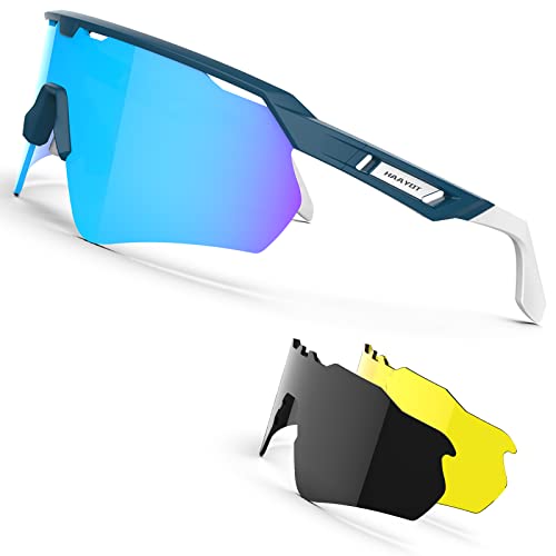 HAAYOT Polarisierte Radsportbrille für Männer Frauen Sportliche Sonnenbrille mit 3 Gläsern TR90 Rahmen MTB Brille Mountainbike Brille Laufen Fischen Fahren Radfahren, Matt Blau & Powderblue von HAAYOT