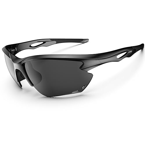 Polarisierte Sonnenbrille für Herren und Damen, Fahrradbrille, Sport-Sonnenbrille, leicht, langlebig, flexibel, TR90-Rahmen, MTB-Brille, Angeln, Fahren, Laufen, glänzendes Schwarz und Grau von HAAYOT