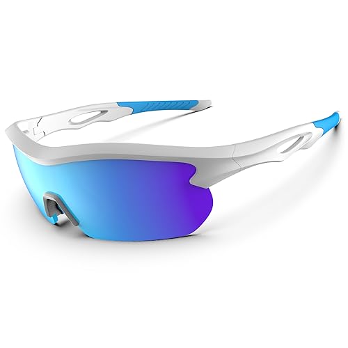 Sonnenbrille Herren Damen Fahrradbrille Sport Sonnenbrille Leicht Langlebig Flexibel TR93 Rahmen MTB Schutzbrille Angeln Fahren Laufen, Glänzendes Weiß & Eisblau von HAAYOT