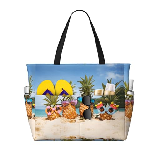 Ananas-Frucht-Sonnenbrille, Sand, Strand, Strandtasche, Reisetasche, großes Fassungsvermögen, mehrere Taschen, Druck, leicht, bequem, Polyester, Outdoor-Tasche, Schwarz , Einheitsgröße von HAHAFU