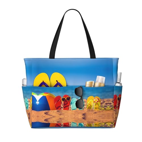 Flip-Flops On A Sandy Beach Strandtasche, Reisetasche, großes Fassungsvermögen, mehrere Taschen, bedruckt, leicht, bequem, Polyester, Outdoor-Tasche, Schwarz , Einheitsgröße von HAHAFU