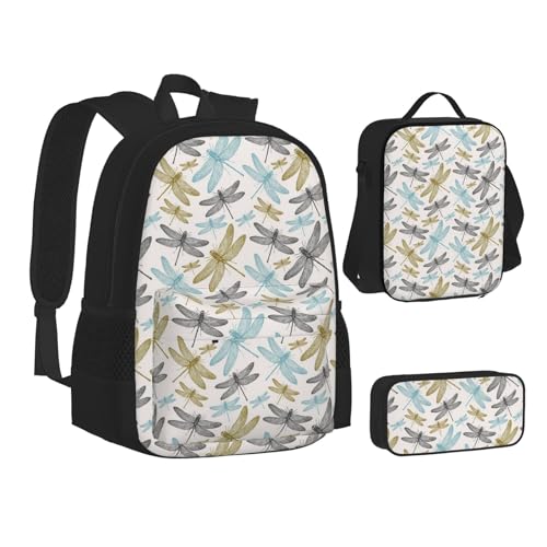 HAHAFU Einfaches Libellen-Schulrucksack-Set mit isolierter Lunchtasche, leichtes Federmäppchen, bedrucktes Polyester, Laptop-Rucksack, Schwarz , Einheitsgröße von HAHAFU