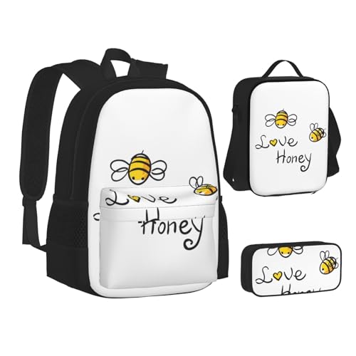 HAHAFU Love Honey Schulrucksack-Set mit isolierter Lunchtasche, leichtes Federmäppchen, bedrucktes Polyester, Laptop-Rucksack, Schwarz , Einheitsgröße von HAHAFU