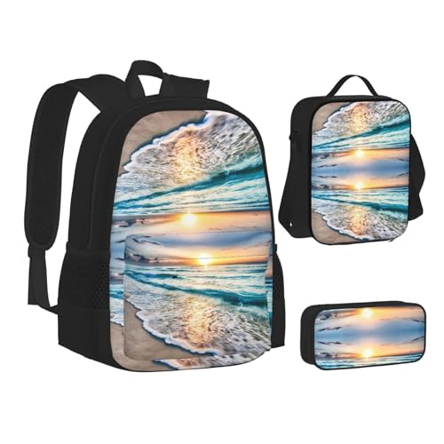 HAHAFU Ocean Sunrise Schulrucksack-Set mit isolierter Lunchtasche, leichtes Federmäppchen, bedrucktes Polyester, Laptop-Rucksack, Schwarz , Einheitsgröße von HAHAFU