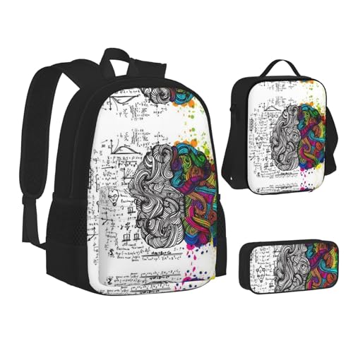 HAHAFU Schulrucksack-Set für linke und rechte Gehirnhälfte, mit isolierter Lunchtasche, leichtes Federmäppchen, bedrucktes Polyester, Laptop-Rucksack, Schwarz , Einheitsgröße von HAHAFU