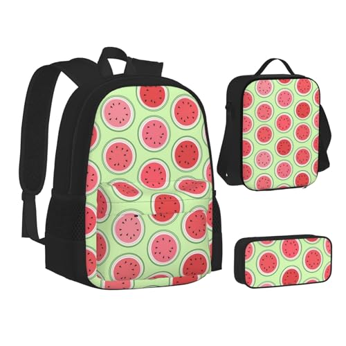 HAHAFU Schulrucksack-Set mit isolierter Lunchtasche, leichtes Federmäppchen, bedrucktes Polyester, Laptop-Rucksack, Wassermelonen-Grün, Schwarz , Einheitsgröße von HAHAFU