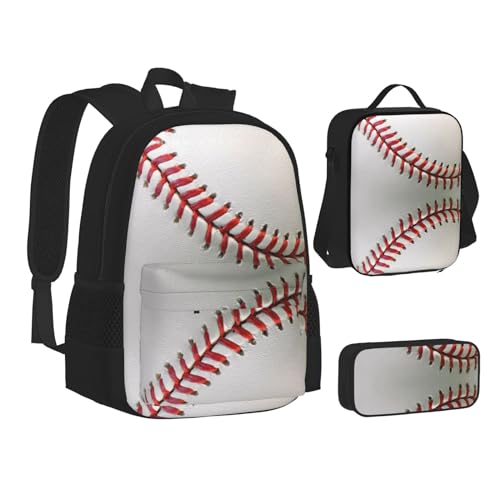 HAHAFU Sportball-Baseball-Schulrucksack-Set mit isolierter Lunchtasche, leichtes Federmäppchen, bedrucktes Polyester, Laptop-Rucksack, Schwarz , Einheitsgröße von HAHAFU