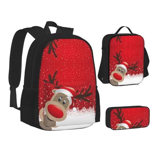 HAHAFU Weihnachts-Schulrucksack-Set mit isolierter Lunchtasche, leichtes Federmäppchen, bedrucktes Polyester, Laptop-Rucksack, Schwarz , Einheitsgröße von HAHAFU