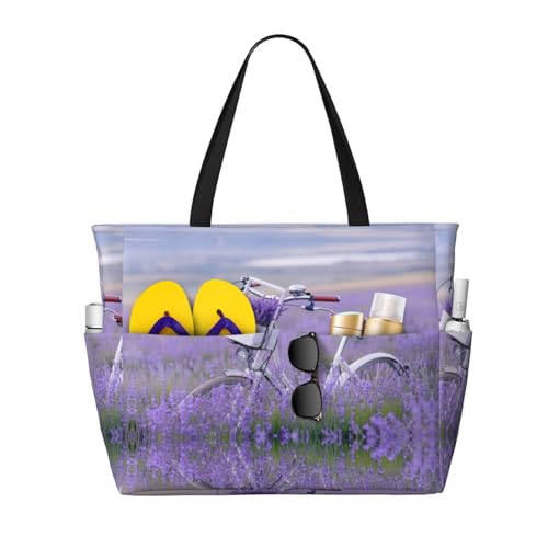Lavender Field Bike-Strandtasche, Reisetasche, großes Fassungsvermögen, mehrere Taschen, bedruckt, leicht, bequem, Polyester, Outdoor-Tasche, Schwarz , Einheitsgröße von HAHAFU