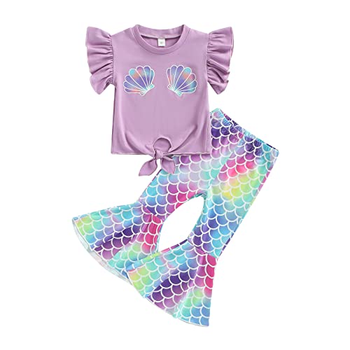 T-Shirt Set Meerjungfrau Mädchen Bootcut-Hose 3D Meerjungfrau-Muster Hülse Outfits Mädchen 1-5 Jahre (Meerjungfrau,90) von HAHII
