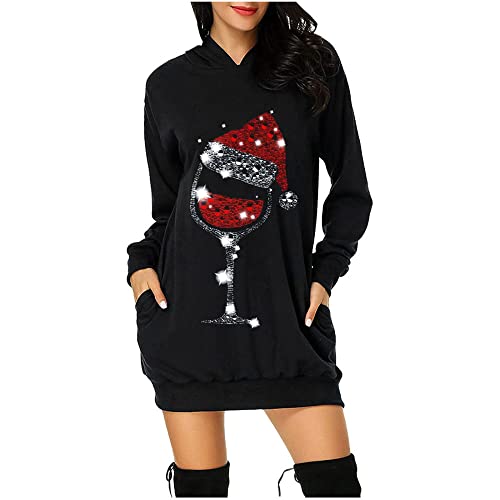 Damen Langarm Kleid Hoodie Kleid Damen Weihnachten Rotwein Glas Print Hoodies Sweatshirt Pullover Pullover Kleid Mit Taschen,Schwarz,3XL von HAIBI