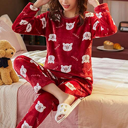 HAIBI Damen Pyjama Winter，Mädchen Schlafanzug Mädchen Pyjamas Anzüge Warm Samt Koralle Fleece Langarm Verdickung Winter Süße Schweinchen Home Service, Medium von HAIBI