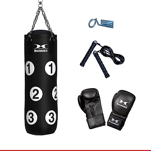 HAMMER Box-Set Sparring Professional, 80 cm Langer Boxsack mit nummerierten Trefferflächen, Boxhandschuhe, Springseil, Profi-Deckenhacken, Drehwirbel, Trainings-DVD von HAMMER