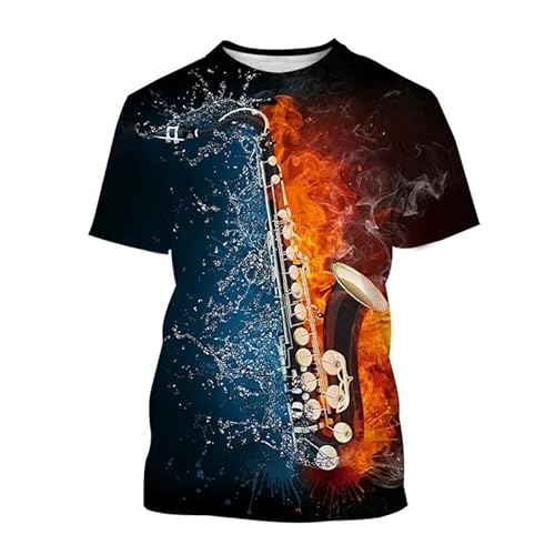 HAN MAN XIU Sax Instrumente Muster T-Shirt Männer Frauen 3D Casual Rundhals Kurzarm Top von HAN MAN XIU