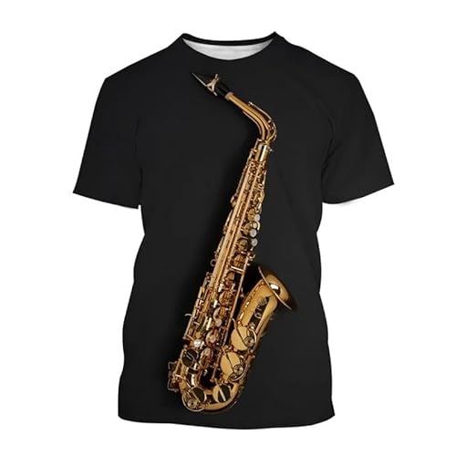 HAN MAN XIU Saxophon Instrument Muster T-Shirt Männer Frauen 3D Casual Rundhals Kurzarm Top von HAN MAN XIU