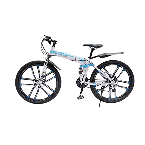 HANGKAI Mountainbike 26 Zoll Faltrad mit Doppeltem Stoßdämpfungsrahmen Scheibenbremsen Fahrräder, Vollgefederte Fahrräder, Perfekt für Männer und Frauen (Blue & White) von HANGKAI