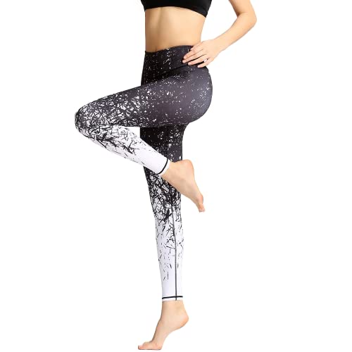 HAPYWER Yoga Leggings Damen High Waist Yogahose Bunt Gym Sport Leggings Tummy Control Running Workout - Stretch Kompressionshose mit Aufdruck für Frauen(Bambusblatt,XL) von HAPYWER