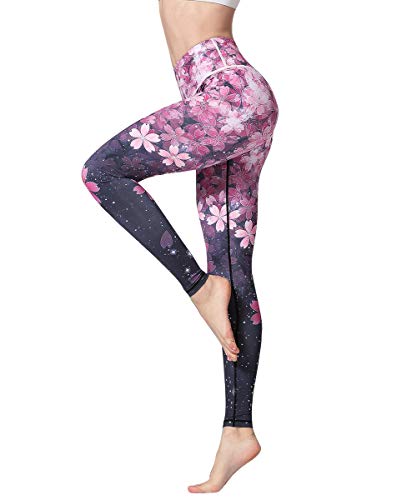 HAPYWER Yoga Leggings Damen High Waist Gym Sport Leggings Tummy Control Yoga Hosen Running Workout Kompressionsstrumpfhose Stretch Trainingshose mit Aufdruck(Kirschblüte,L) von HAPYWER