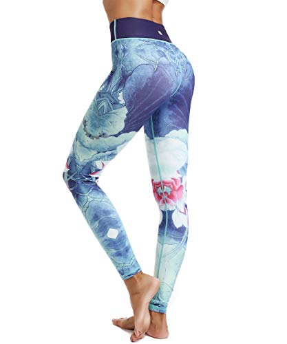 HAPYWER Yoga Leggings Damen High Waist Yogahose Bunt Gym Sport Leggings Tummy Control Running Workout - Stretch Kompressionshose mit Aufdruck für Frauen(Hellblau,XL) von HAPYWER