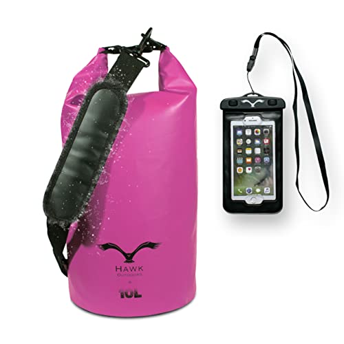 HAWK Dry Bag - Wasserdichter Beutel • verstellbare Schulter-Gurte • inklusive wasserdichter Handy-Hülle • 30L/20L/10L • Seesack • Kanu, Rafting, Segeln, Schwimmen, Surfen, Motorrad - 10L pink von HAWK