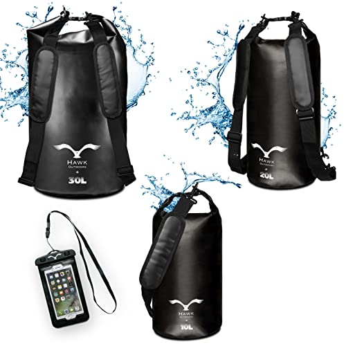 HAWK Outdoors Dry Bag - Rucksack Wasserdicht • schwimmfähig • gepolsterte Schulter-Gurte • inklusive Handy-Hülle • 30L 20L 10L von HAWK