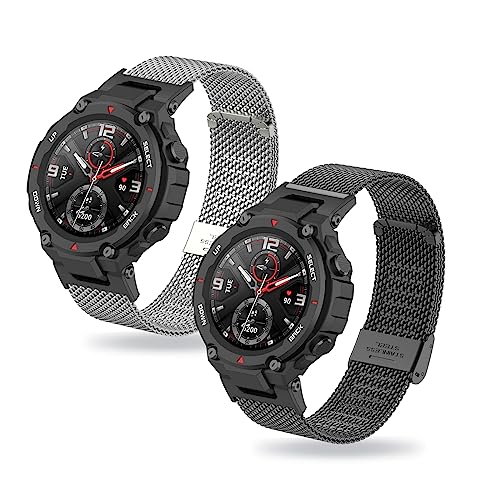 2 Stück Armband für Amazfit T-Rex Armband Metall Mesh Gewebte Edelstahl Solo Loop Ersatzarmband mit Amazfit T-Rex Armbänder für Amazfit T-Rex Armband (D,T-Rex) von HAZARA