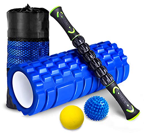 HBselect Faszienrolle 4in1 Set Wirbelsäule Foam Roller Massagerollen Duoball Massagestäbchen Massageball (Blau) von HBselect