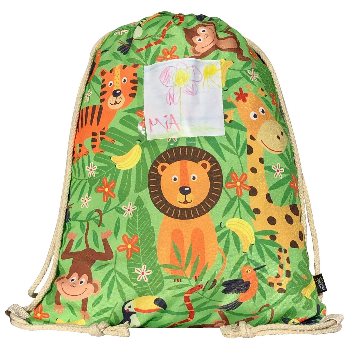 HECKBO Turnbeutel Mädchen Kinder Jungen Turnbeutel inkl. Sichtfenster für Bilder & Fotos - Dschungel - waschmaschinenfest - 40x32cm - Kindergarten - Rucksack, Tasche, Sporttasche Kinder, Sportbeutel von HECKBO