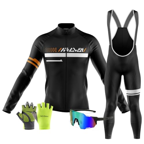 Herren Langarm Radfahren Sets Herbst Radfahren Fahrradtrikot Set Langarm Trikot Pro-Team Trikots MTB＋Winddichte Radfahrerbrille＋Radsport-Handschuhe (3XL,TYP-10) von HECLOK