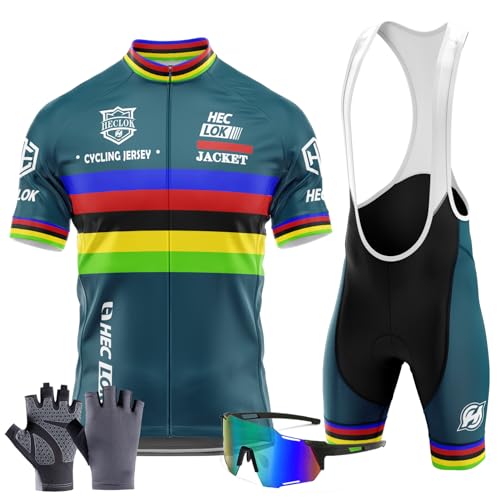 Herren Radtrikot Set Kurzarm Fahrradtrikot,und mit 9D-Gel-gepolsterten Shorts Radfahren MTB，Atmungsaktives Sommer Kurzarm-Bike-Shirt， Outdoor Sport＋Radsport Handschuhe Brillen (TYP-6,3XL) von HECLOK