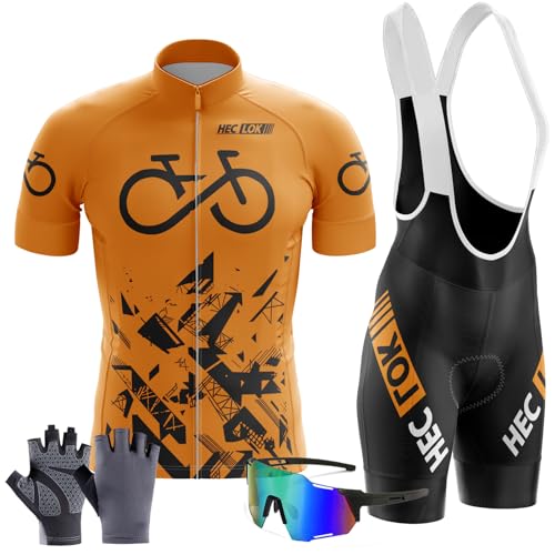 Kurzarm Radtrikot Herren Atmungsaktives Sommer Kurzarm-Bike-Shirt und mit 9D-Gel-gepolsterten Shorts,MTB-Fahrrad-Anzug für Radsport Outdoor Sport＋Radsport Handschuhe Brillen (TYP-11,M) von HECLOK