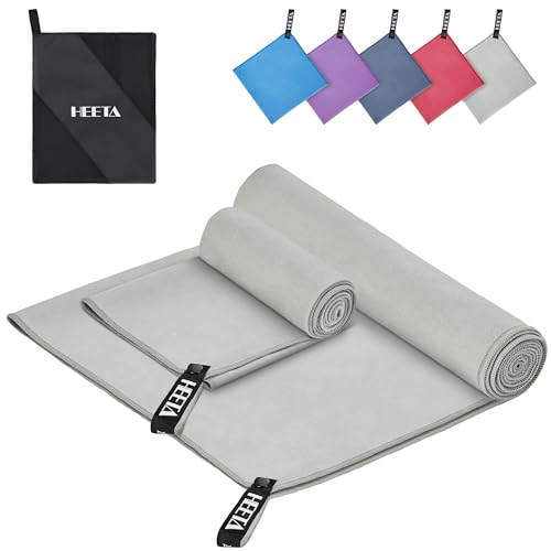 HEETA Mikrofaser Handtücher Set 2 Stück (80x40cm + 180x90cm) -Weich Schnelltrocknende Handtücher für Fitness, Sauna und Outdoor-Aktivitäten, Microfiber Towel mit Aufbewahrungsbeutel, Grau von HEETA