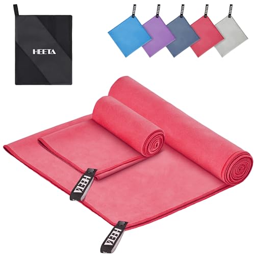 HEETA Sport Mikrofaser Handtücher Set 2 Stück (80x40cm + 180x90cm) -Weich Schnelltrocknende Handtücher für Fitness, Strand und Outdoor-Aktivitäten, Microfiber Towel mit Aufbewahrungsbeutel, Rosarot von HEETA