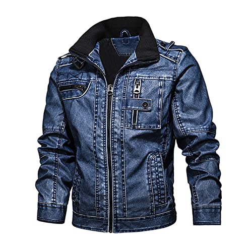 Übergangsjacke Herren Lederjacke aus PU-Leder Herren Motorrad Lederjacke Herren Plus Size Jacke,Blau,XL von HELOU