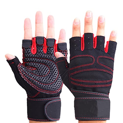 Fitness-Handschuhe, Gewichtheber-Handschuhe, Verhindern Verrutschen, Atmungsaktiv, Fingerlos, Für Herren Und Damen, Trainingshandschuhe Mit Handgelenkbandage Für Gewichtheben, Fitnessstudio, Rot von HERCHR