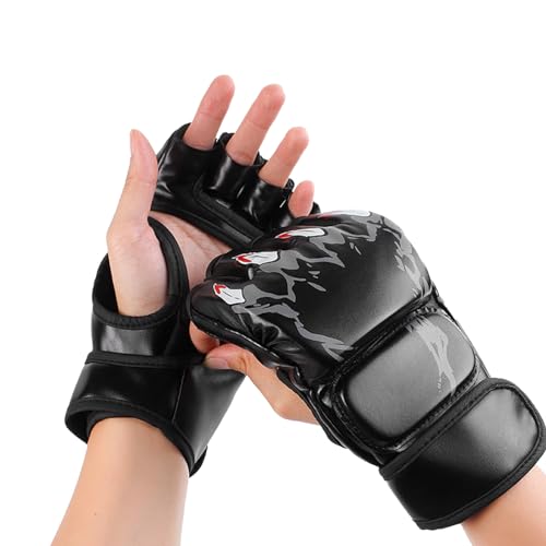 MMA Handschuhe Sparring Hybrid Open Palm Kampfsporthandschuhe Männer Frauen Leder Handgelenkstütze Sport Boxhandschuh Training Muay Thai(Schwarz) von HERCHR