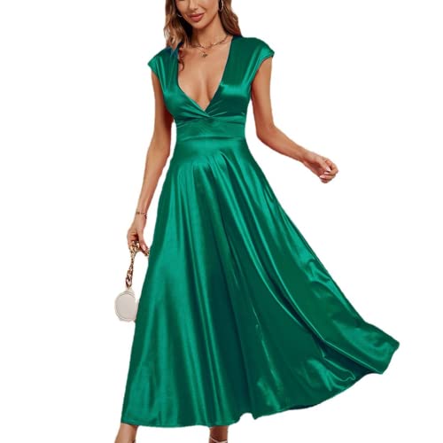 HESYSUAN Women's Elegant V Neck Long Prom Dress,Sexy Satin Short Sleeves Gown,High Waist A-line Satin Party Dress Side Pockets (Green,XL) von HESYSUAN